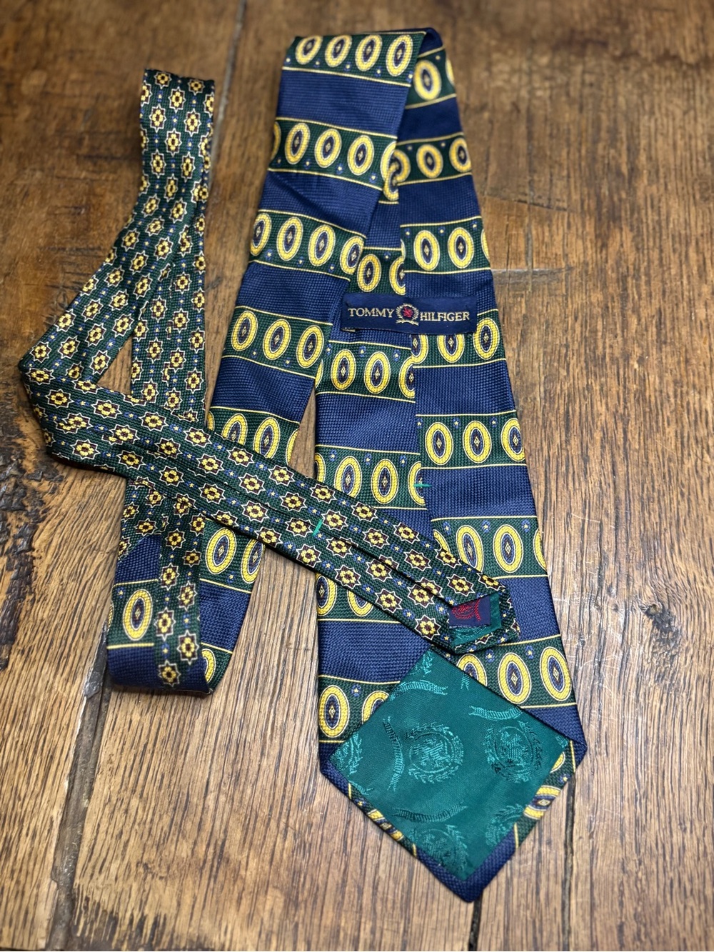 Vintage Tommy Hilfiger Silk Tie 90s Italian Printed USA Made Navy Gold